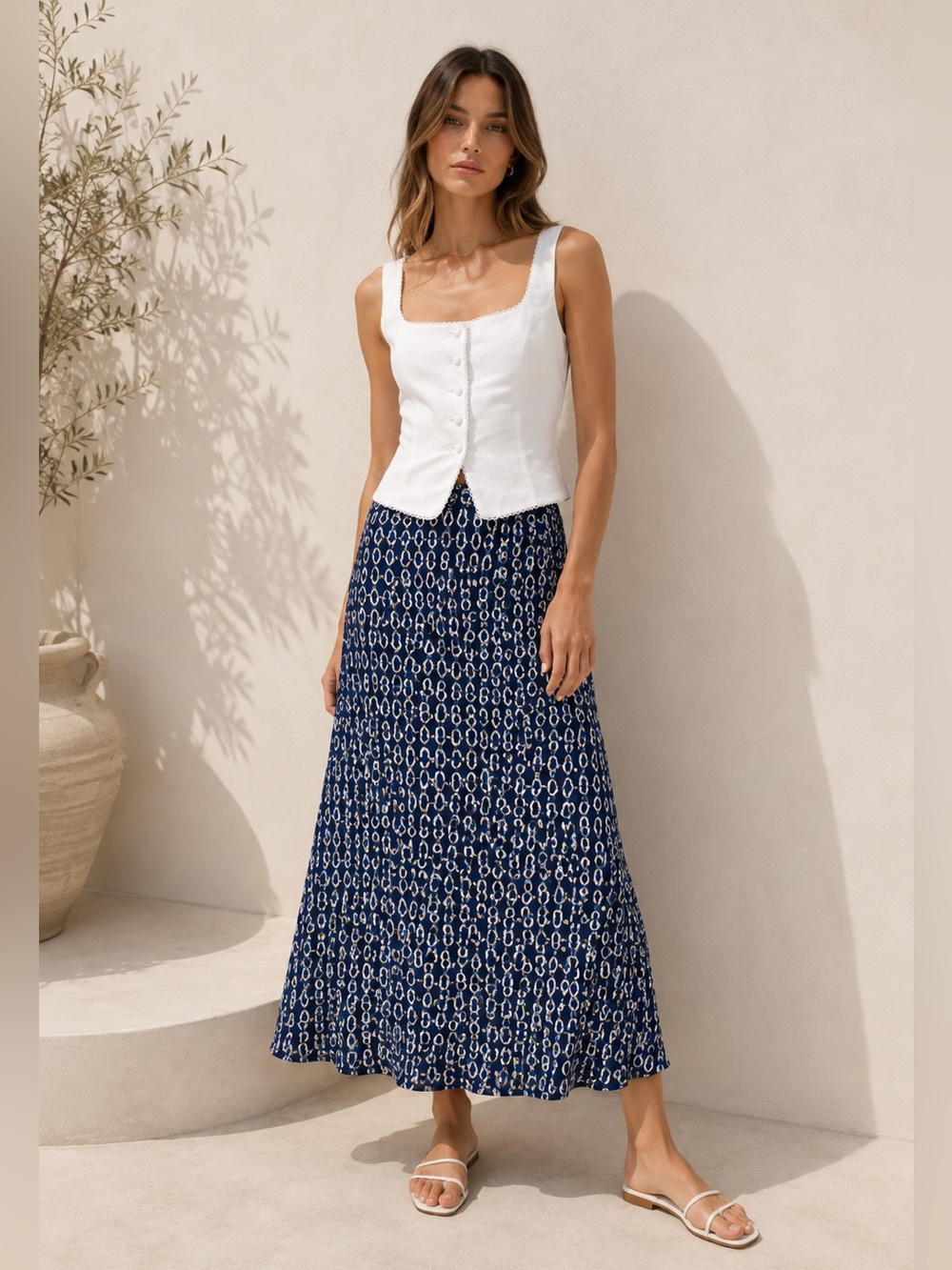 Ralph Lauren Vintage Navy Blue Printed Maxi Skirt